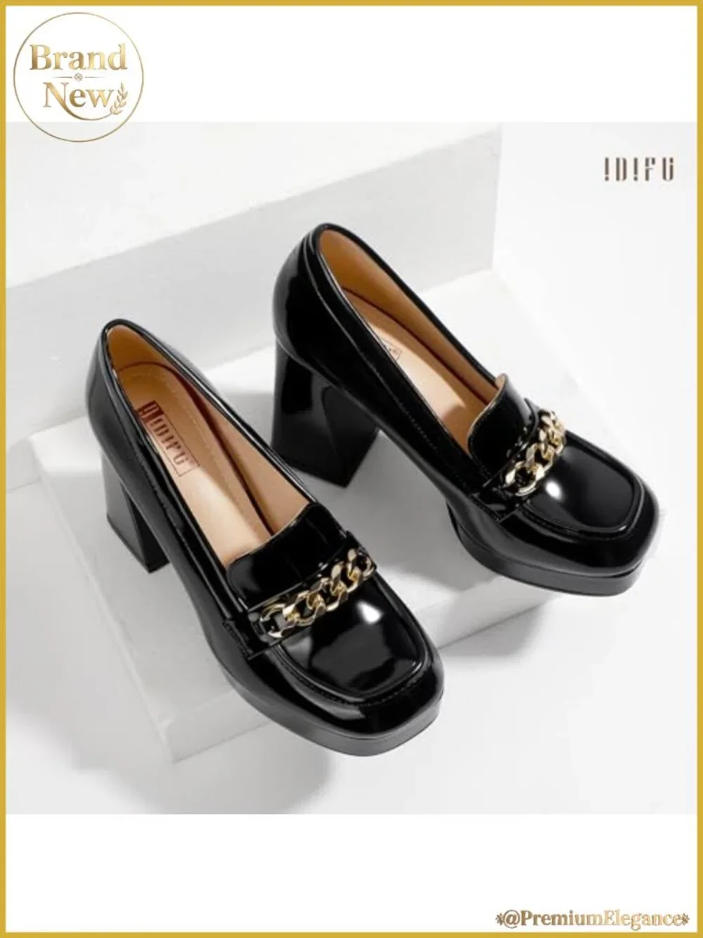 Platform chunky heel loafers with metal chain square toe slip on